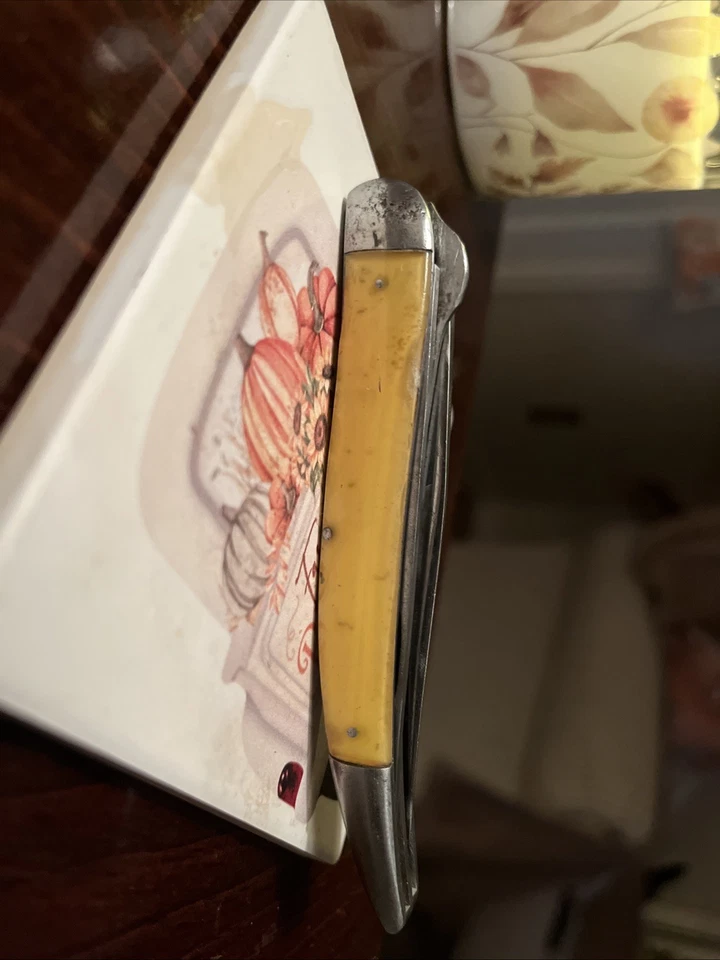 Cuchillo de pescado LL Bean vintage con mango amarillo de dos hojas de acero inoxidable Foto 2 de 4