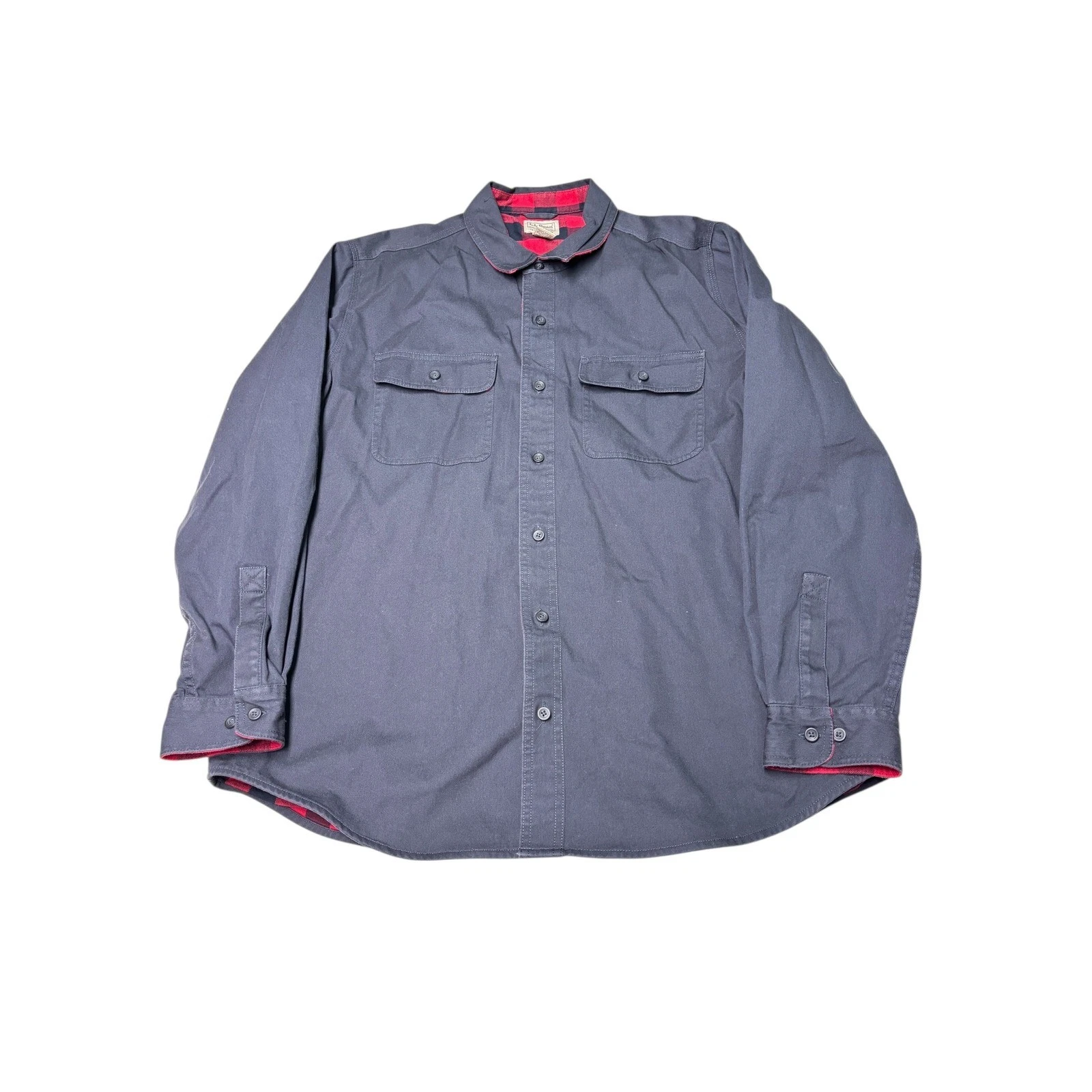 LL Bean Traditional Fit Flannel Lined Mens Button Down Shirt Gray Red L Reg