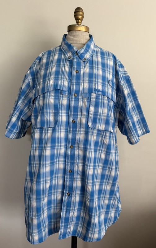 L.L.Bean Men’s Sz Xl Short Sleeve Vent Outdoor Shirt Plaid Blue Nylon Blend 