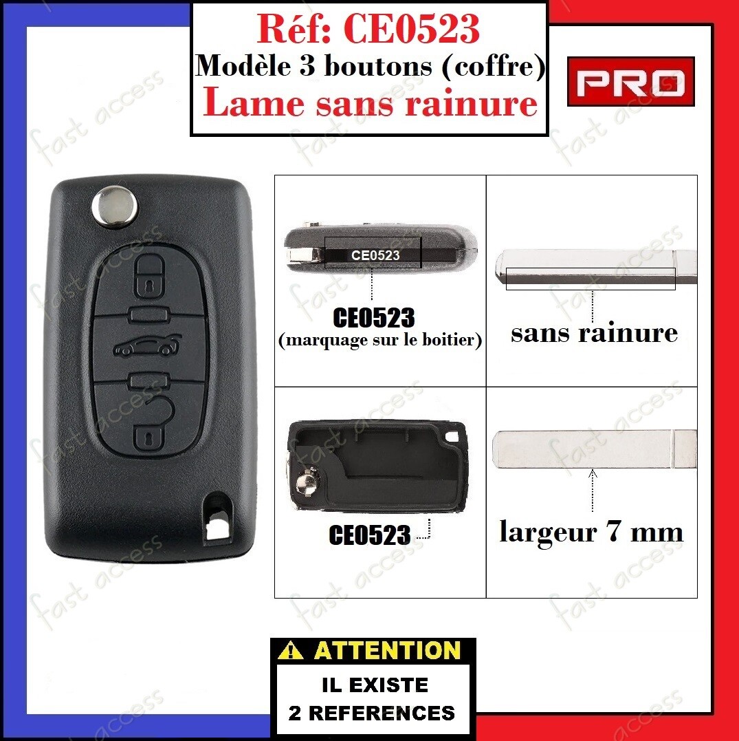 Coque de clé Citroën C4 Picasso Berlingo 3 boutons CE0523 boîtier pour télécommande auto