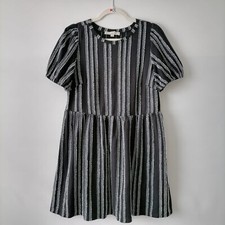 Loft Womens Black Puff Sleeve Round Neck Striped Fringe Trim A-Line Dress Size S