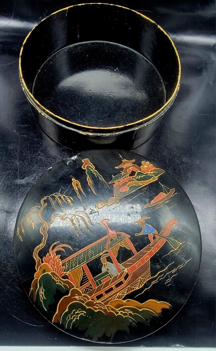 ANTIQUE Japanese Lacquer Wooden Box embossed Boat Scene | eBay