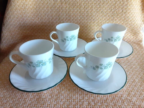 Corning Corelle Callaway Ivy Swirl Set of 4 Cups & Saucers USA 3.5"