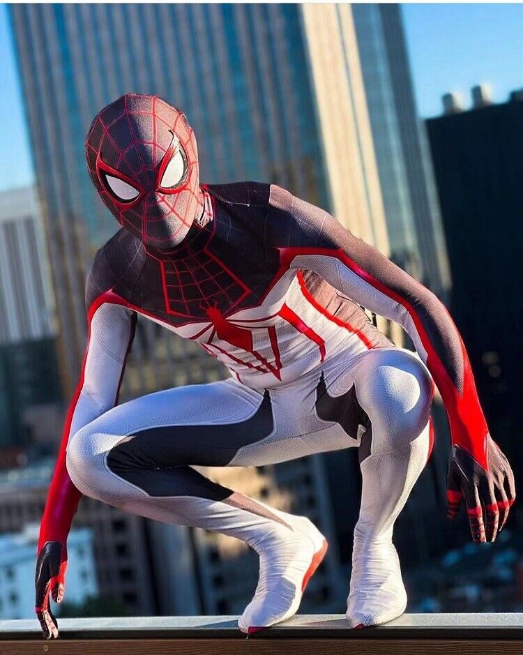 2023 White PS5 Miles Morales Spiderman Cosplay Costume Spandex Bodysuit  Hallween