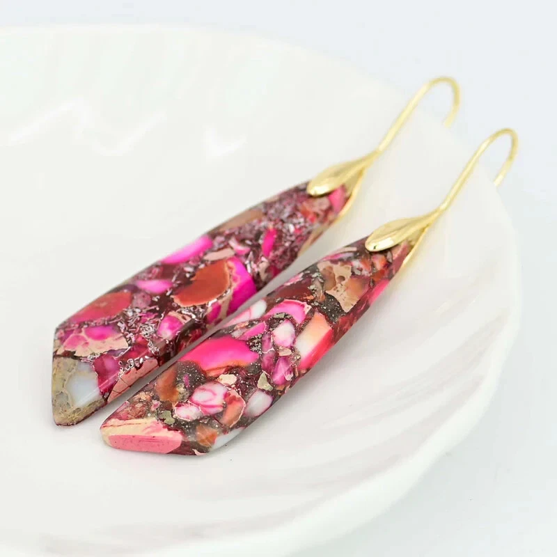 Pink Sea Sediment Jasper Women Healing Stone Dangle Drop Earrings Gift for her - Image 4 of 4
