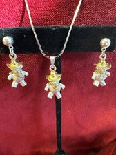 Super Cute Two Tone Teddy Bear Cowboy Pierced Earrings Matching Necklace 21