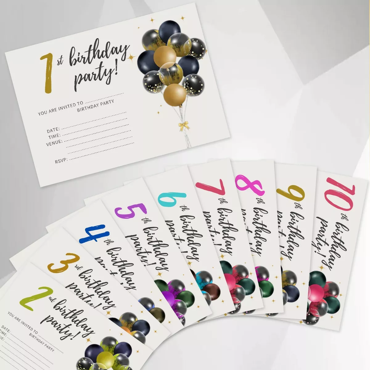 1 100 Birthday Party Invitations Cards Boys Girl Kids Invites Envelopes Balloons