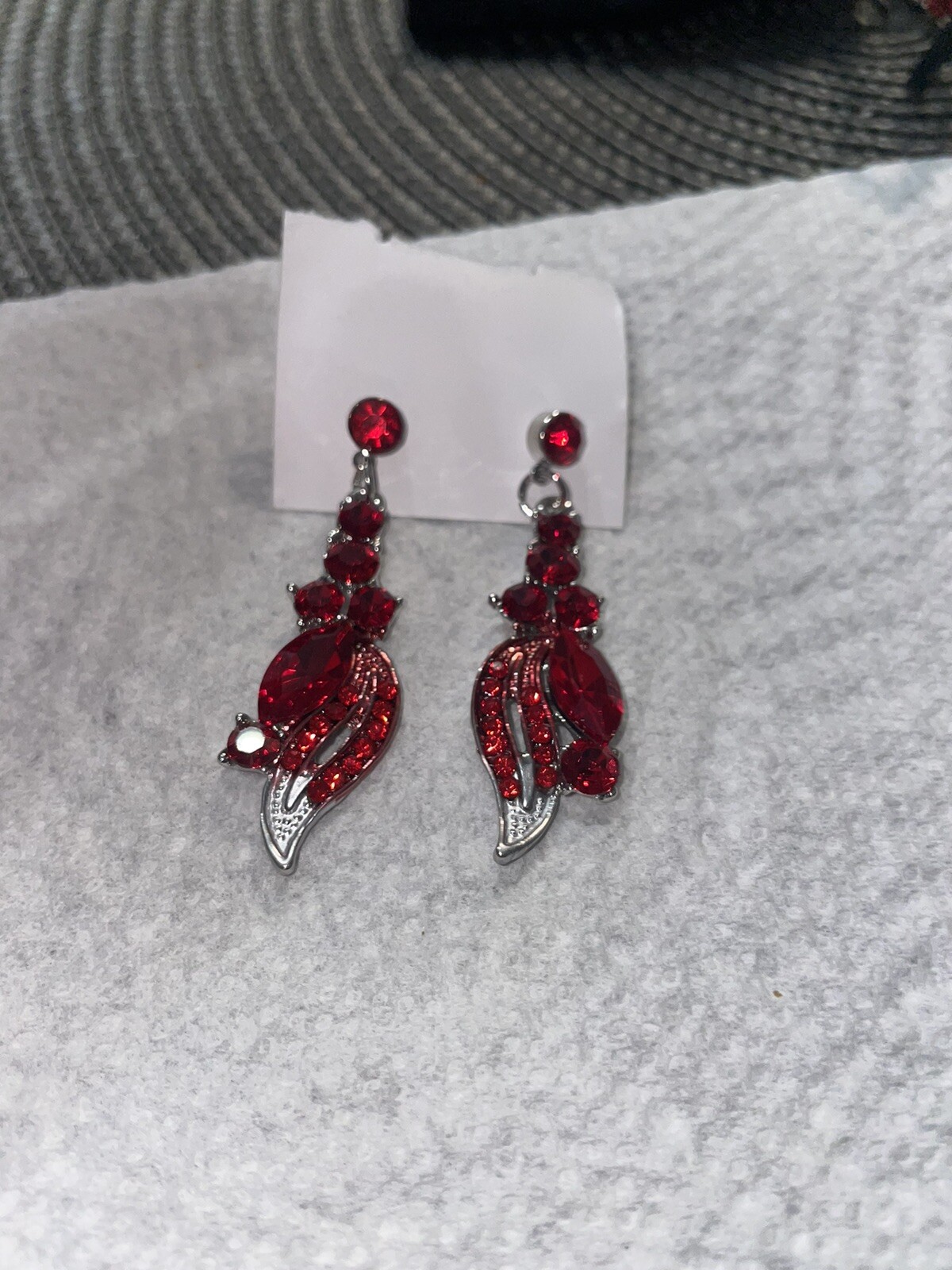 Earrings, Silver Tone Red, Rhinestone Dangle Earr… - image 1