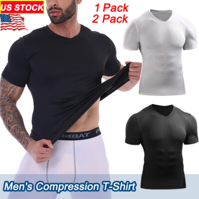 Men's Athletic V-neck Slimming Compression T-shirt Short Sleeve Cooler Dry Tops