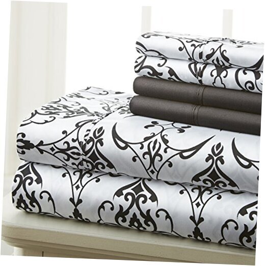 Size Bed Sheets Set - 6PC Floral & Swirl Ultra Soft Twin Black/White Scroll-image