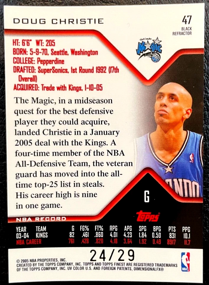 2004-05 Topps Finest Black Refractor #47 Doug Christie #24/29! Magic, Lakers Foto 2 de 2