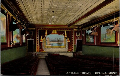 Helena Montana~Antlers Theatre Interior~Stage & Curtain~Head Mounts~c1910 PC