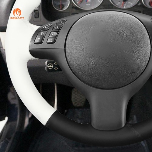 MEWANT Black White PU Leather Steering Wheel Cover for BMW E36 E36/5 E46/5 E39 - Picture 6 of 10