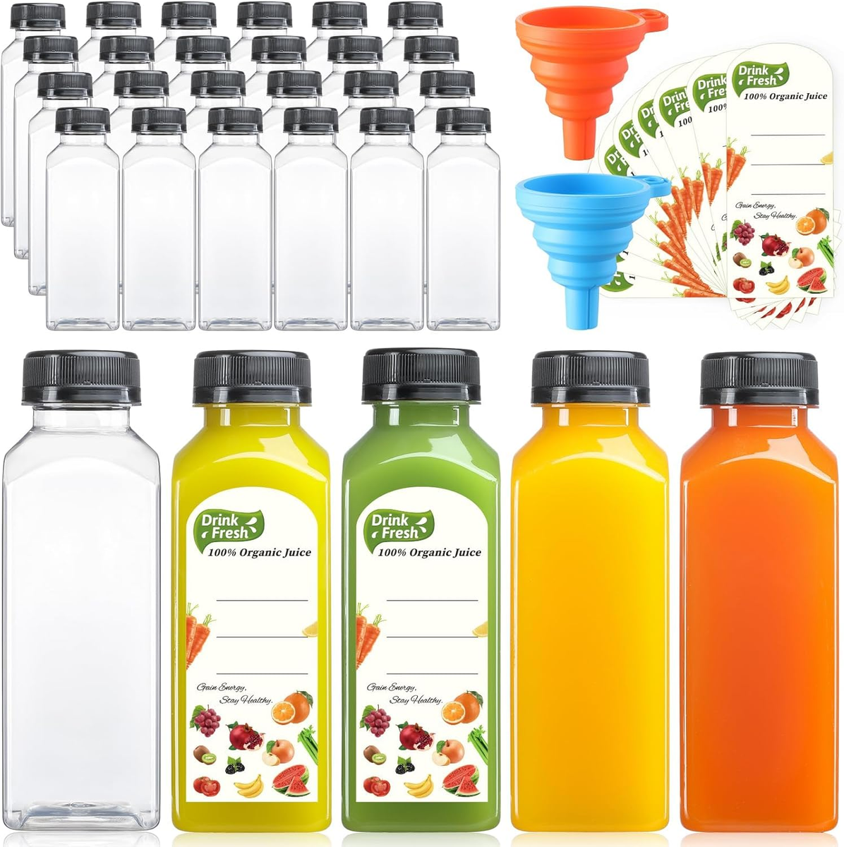 12 Pack, 12 OZ Reusable Plastic Juice Bottles with Caps, plus 12 Labels & 2  Sili