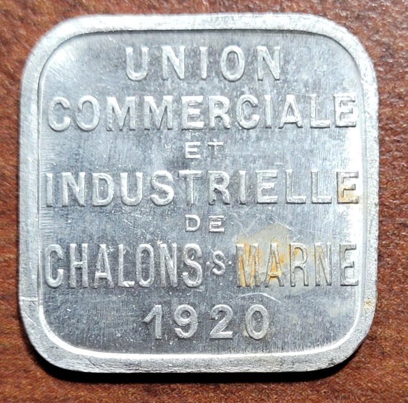 FRANCE 1920 Aluminum Square Token CHALONS Merchant League 20 Centimes UNC
