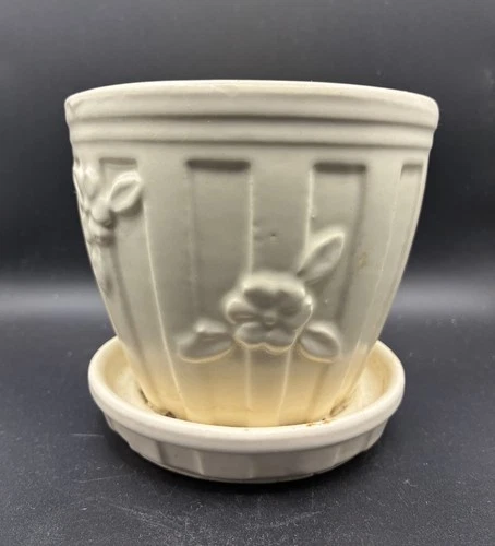 Vintage Shawnee USA Pottery Planter 4” Ivory Ironstone Embossed Floral Striped