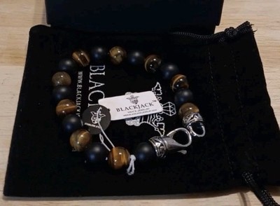 BLACKJACK Men s Stainless Steel Tiger Eye & Onyx Beaded Bracelet BJB244ONT