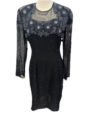 stenay beaded dress vintage Black Silk Sheer Sleeve Cocktail Small Dressers