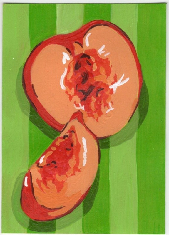 ACEO Original Art Painting Peach Fruit Green Colorful Remarque Pop by Lpothanart
