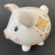 Vintage 1990's White Porcelain Pig Figurine Hand Painted Piggy Bank