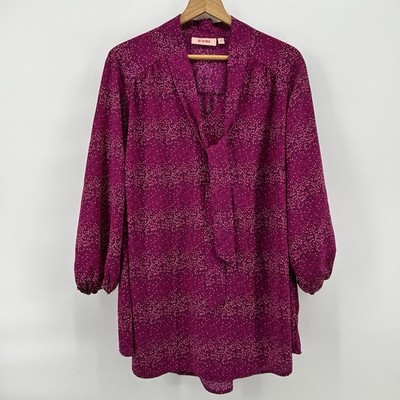 Evri Tie Neck Blouse Womens 3X Magenta Confetti Print Flowy Tunic Top Chic