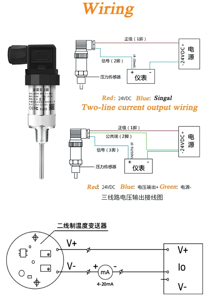 PT100 Temperature Transmitter 4‑20mA 0‑10V RS485 6 mm Probe 0‑200‑400‑500 °C - Image 3 of 4