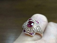 Art Deco Vintage  Red Ruby & Lab Created Diamond Engagement 925 Silver Gift Ring