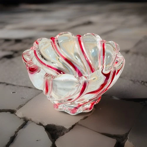VTG Hand Blwon Art Glass Bowl/Trinket Dish Cranberry Red Swirl Murano Syle