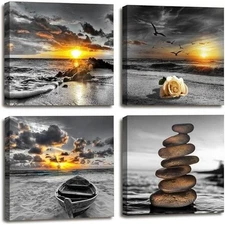 Black and White Gold Beach Wall Art Ocean Canvas Seascape Prints Posters Zen ...