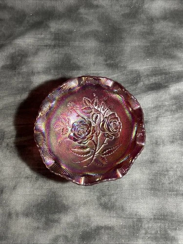 Vintage Imperial Glass Iridescent Red Roses Ruffle Edge Bowl 7.5" Diameter