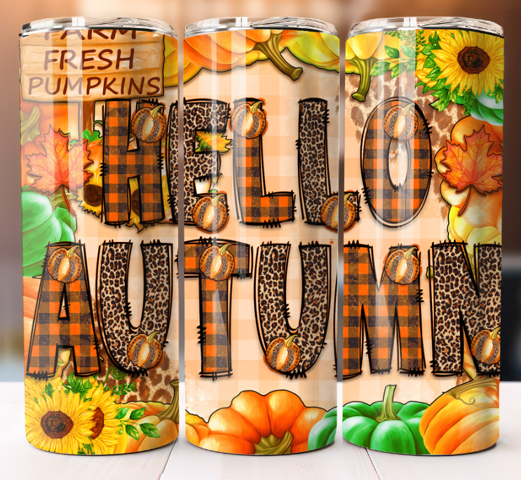 Hello Autumn Fall Pumpkin cheetah Tumbler 20oz Skinny Cup Mug Stainless Steel