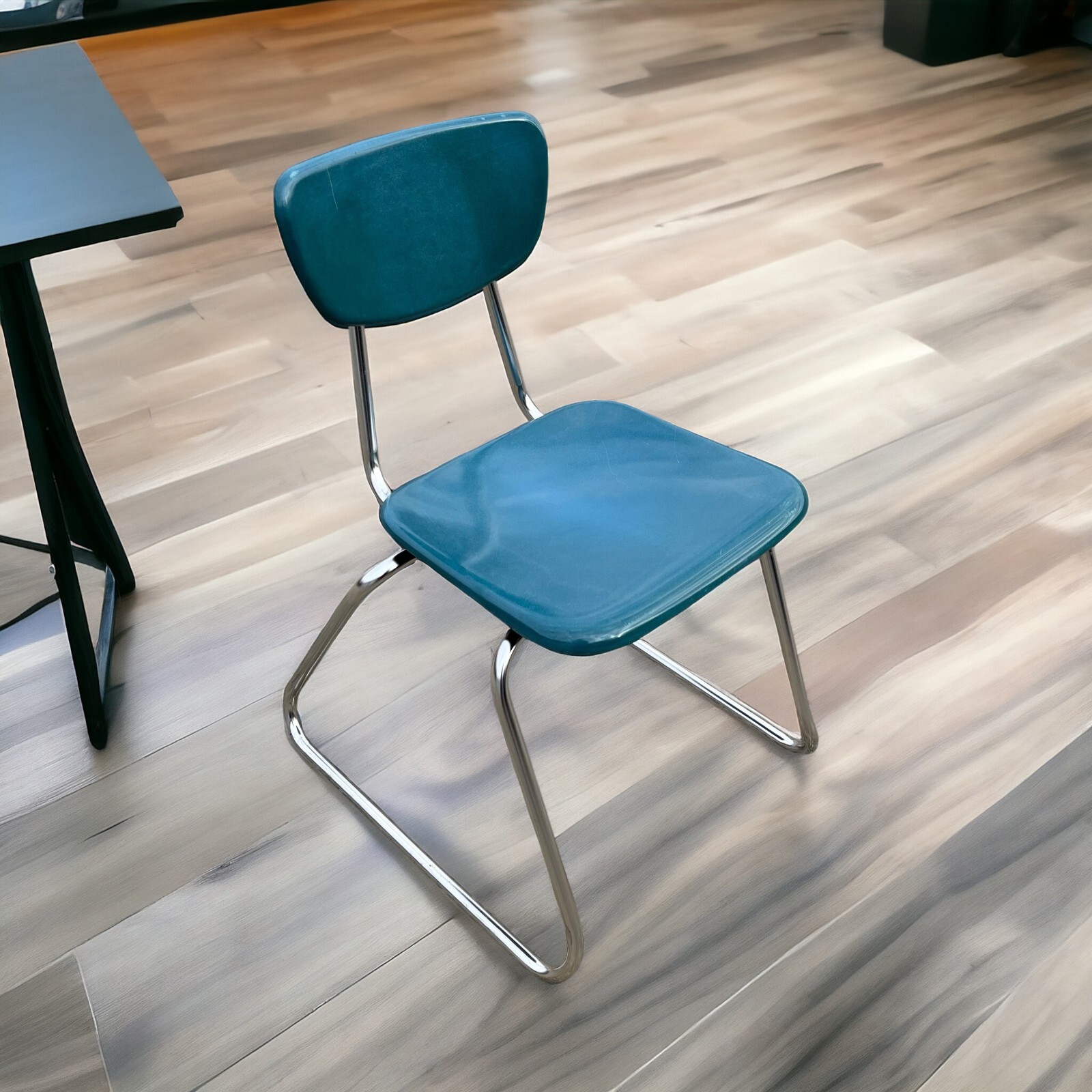 Vintage MCM Stacking Chair VIRCO Blue Teal & Chrome Sleigh Leg (4 Available)