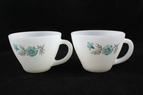 2 Vintage Fire King Oven Ware # 35 Bonnie Blue Carnation Flower Coffee Tea Cups