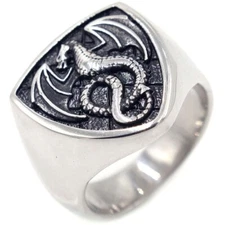 Vintage Flying Dragon Shield Signet Ring Stainless Steel Fire Dragon Emblem Ring
