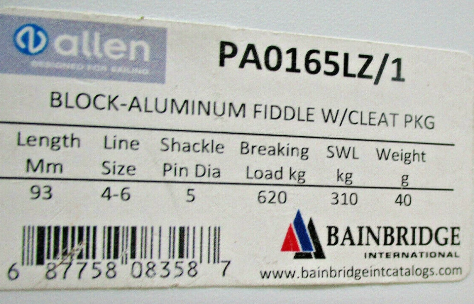 BLOCK-ALUMINUM FIDDLE W/CLEAT PKG PA 165LZ/1 ALLEN BAINBRIDGE - Image 3 of 3