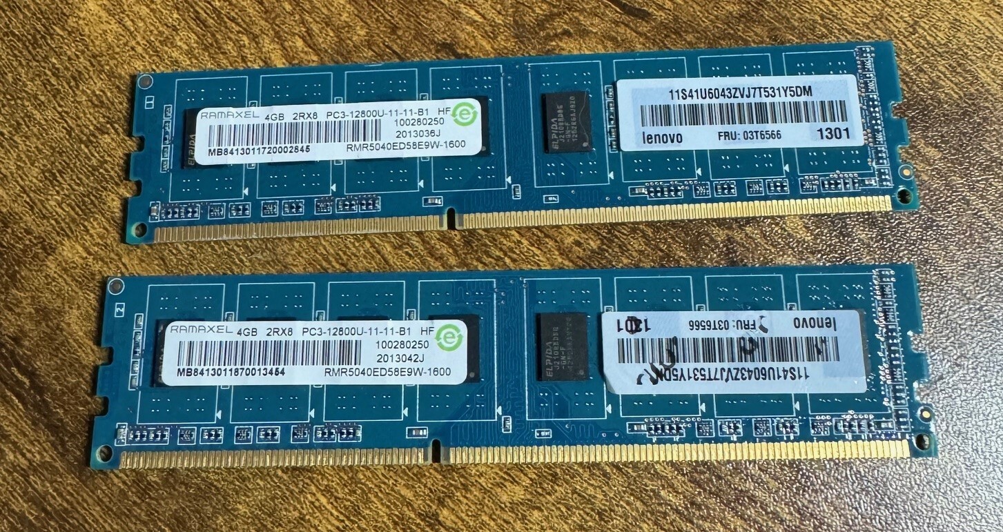 Lot of 2: Lenovo/Ramaxel 03T6566 4GB 2Rx8 PC3 12800U Server Memory