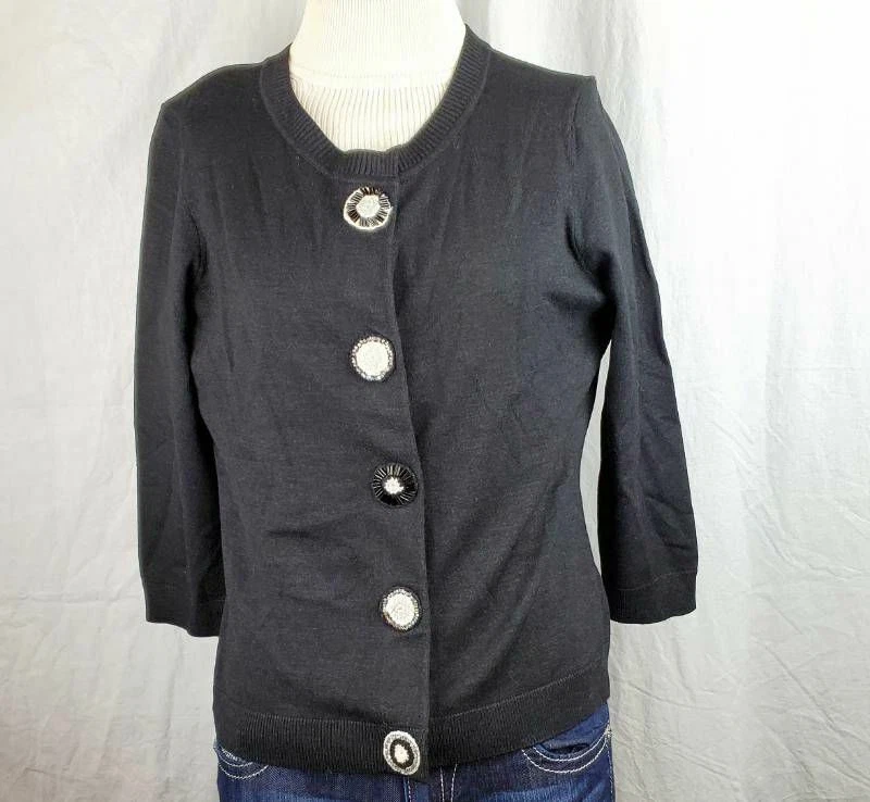 Judith Hart Womens Cardigan Sweater Black Long Sleeve Art Buttons Silk Blend MP
