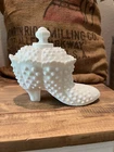 Vintage Fenton Hobnail Milk Glass Boot Dish With Lid