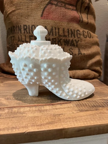 Vintage Fenton Hobnail Milk Glass Boot Dish With Lid