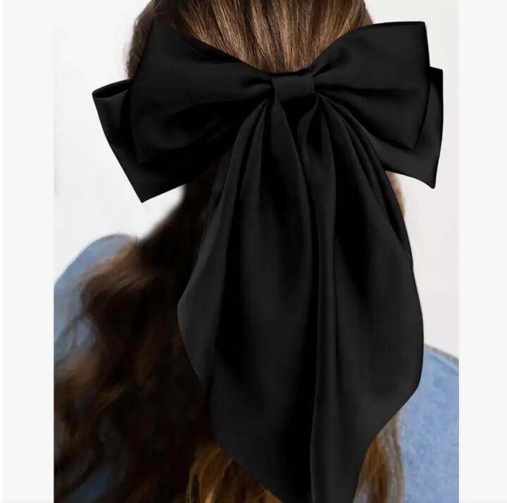 Black Satin Stylish Bow with Big Ribbon Hair Clip All Hair