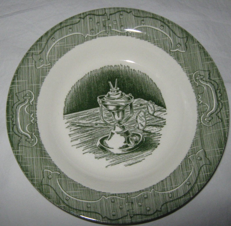 The Old Curiosity Shop Soup Bowl Royal China Rimmed Green 8 3/8 inches Made USA