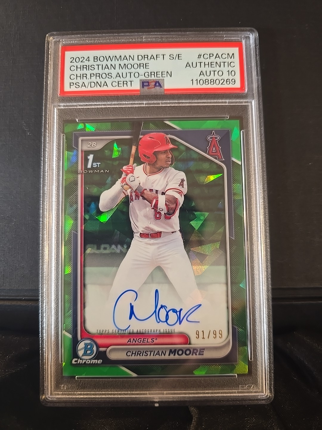 2024 Bowman Draft Sapphire Christian Moore CPA-CM Green Sapphire /99 PSA Auto 10