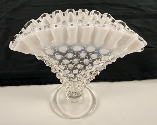 Fenton Fan Vase 4" Bud French Opalescent Hobnail Clear Glass White Top Classic!
