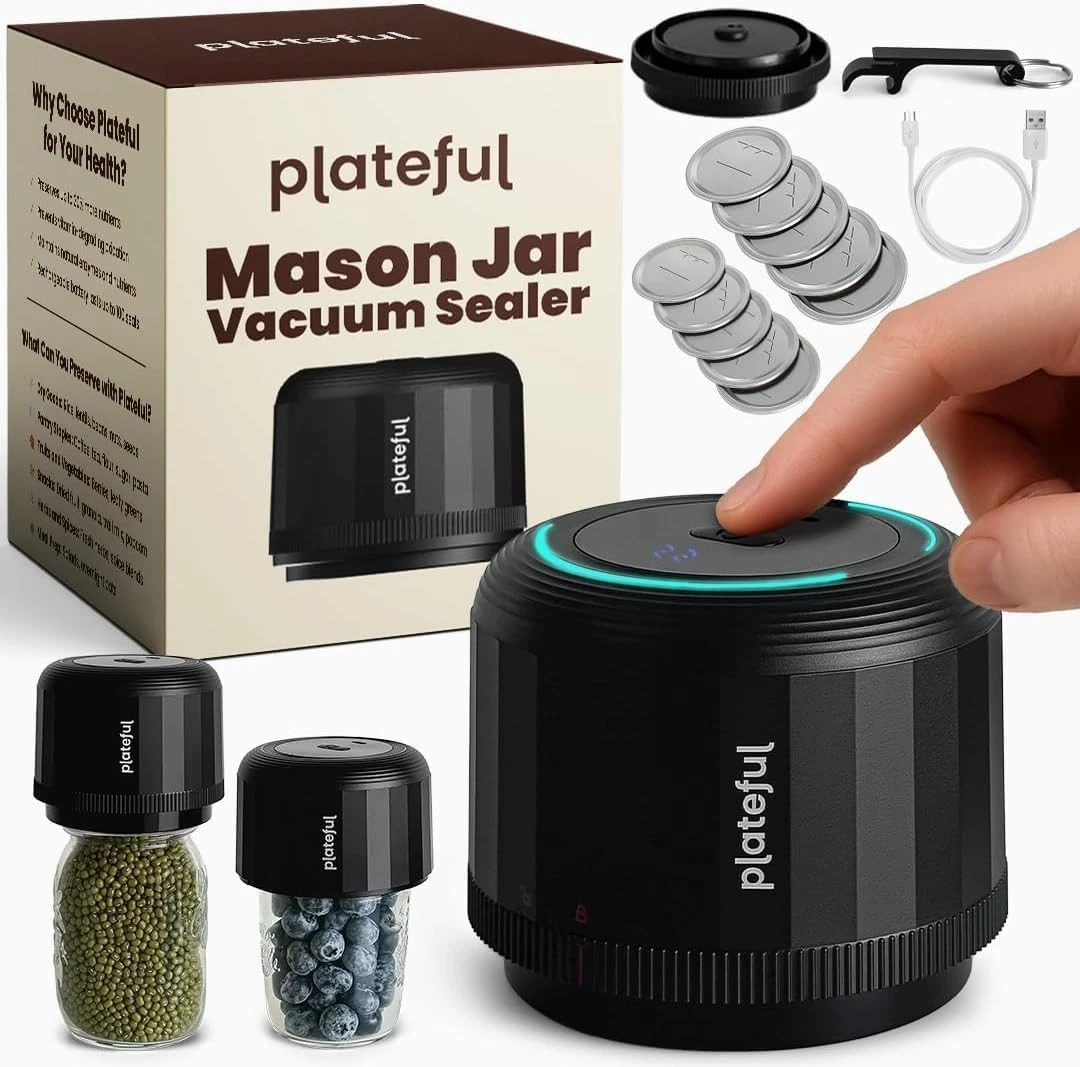 Plateful Electric Mason Jar Vacuum Sealer Kit (Lids Included) For Wide Mouth And