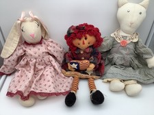 Lot of 3 Vintage Primitive Stuffed Cloth Dolls, Bunny, Cat  Doll