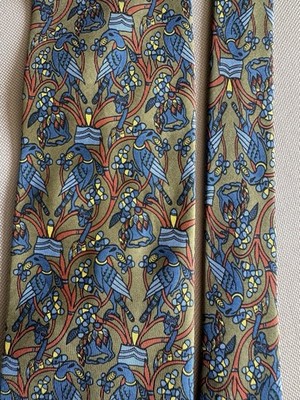 ROCHAS Krawatte 100% Seide   Olivgrün Mit Vogelmotiv - Vintage / Made In France
