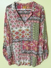 RUBY RD. WOMAN Plus 3/4 Roll Tab Sleeve V-Neck Pullover Top MULTI IKAT Size 3X