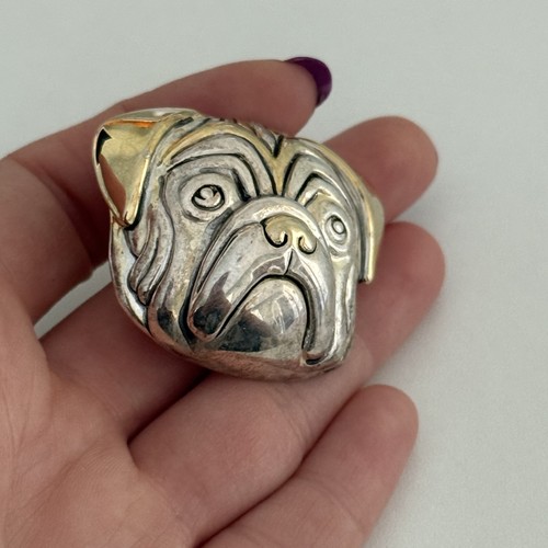 Broche broche colgante vintage cara de perro Pug tono plata y dorado animal - Imagen 8 de 9