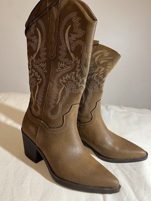 Me Too Womens Brown Western Cowboy Boots Embroidered Pointed Toe Block Heel Sz 6