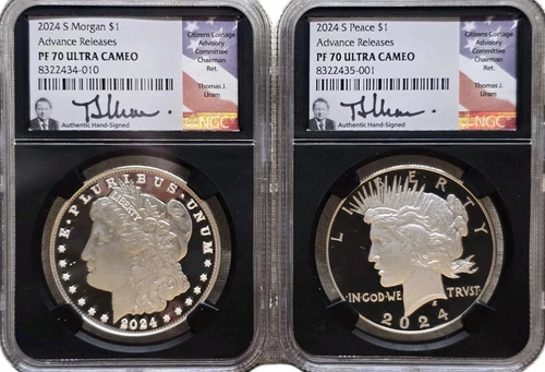2024 S PROOF MORGAN & PEACE DOLLAR NGC PF70 ADVANCE RELEASES THOMAS URAM BLACK